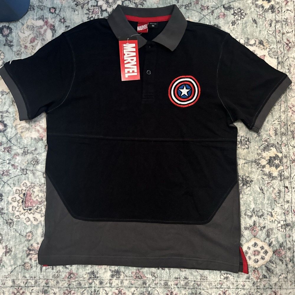 Men's Polo Shirt-MARVEL AVENGERS-SHIELD CAPTAIN AMERICA - Black\Gray Small